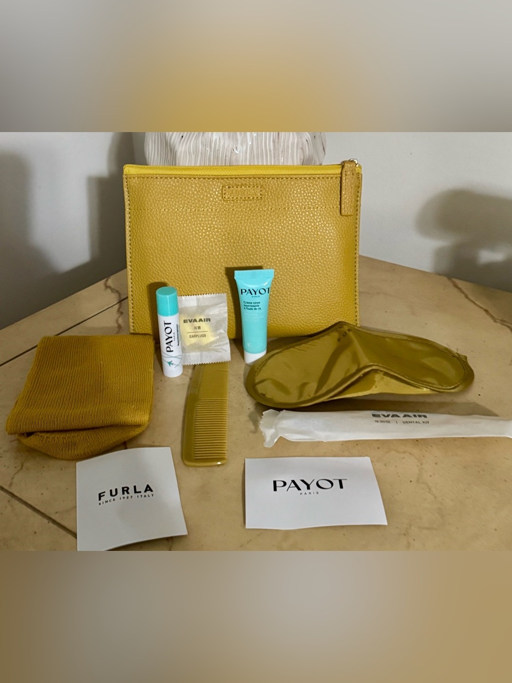Furla Bright Yellow Pebbled Leather Cosmetic Pouch w/accessories. NEW